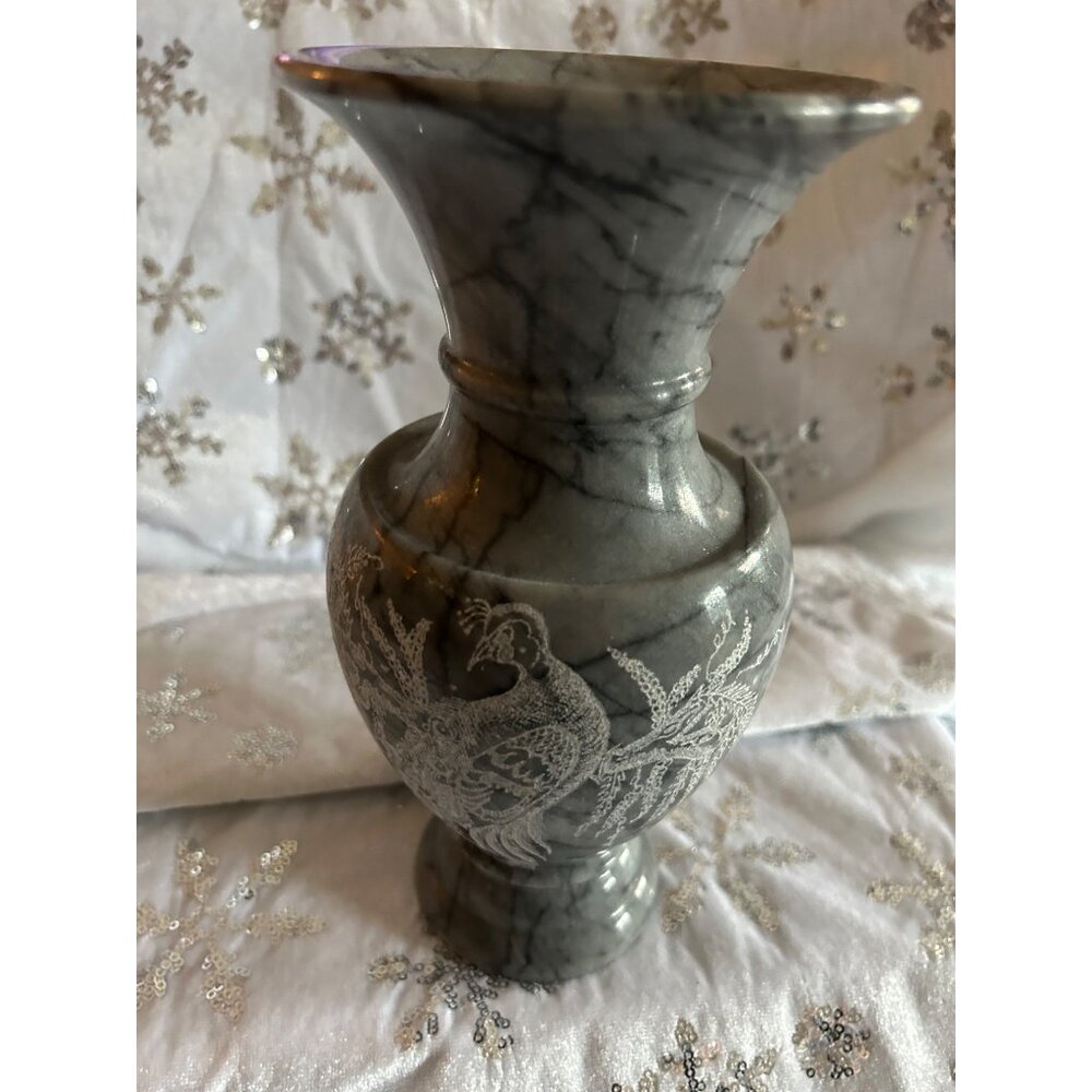 Handcrafted Gray Marble Vase With Intricate Silver Peacock Design
